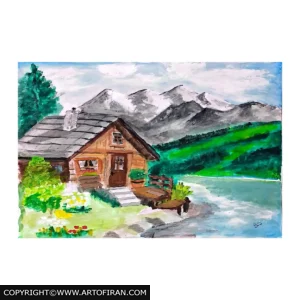 خانه ویلایی — تابلو نقاشی رئالیسم، خانه چوبی با باغچه در دل کوهستان، نقش رضا