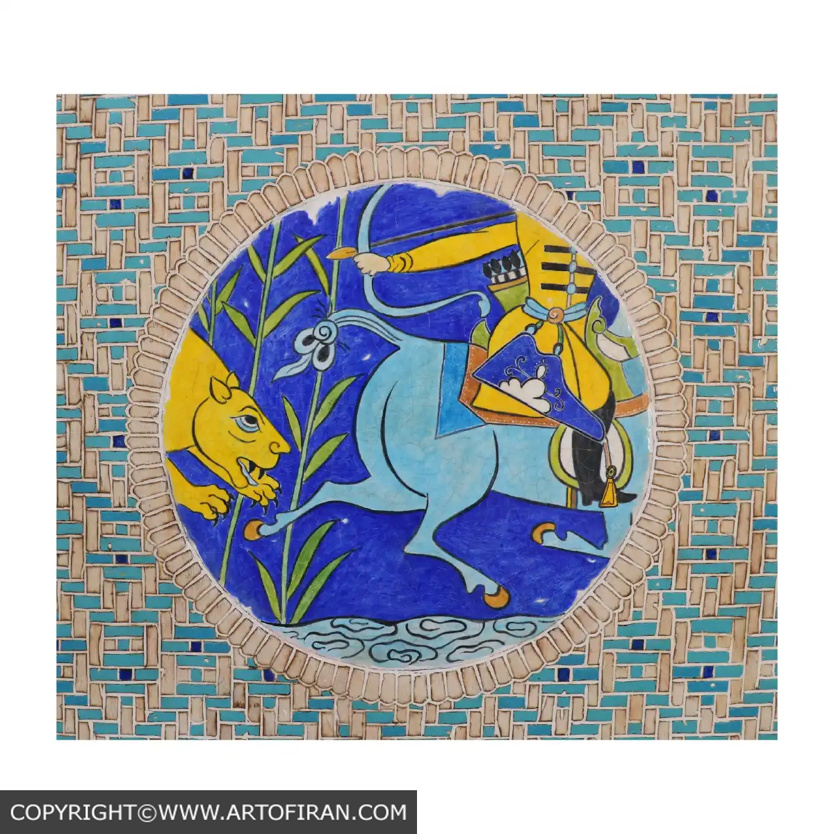 مبارزه با نفس — جزئیات مدالیون با سوار کمانکش و جانور درنده، سبک نگارگری ایرانی-اسلامی، آرش نیکنژاد