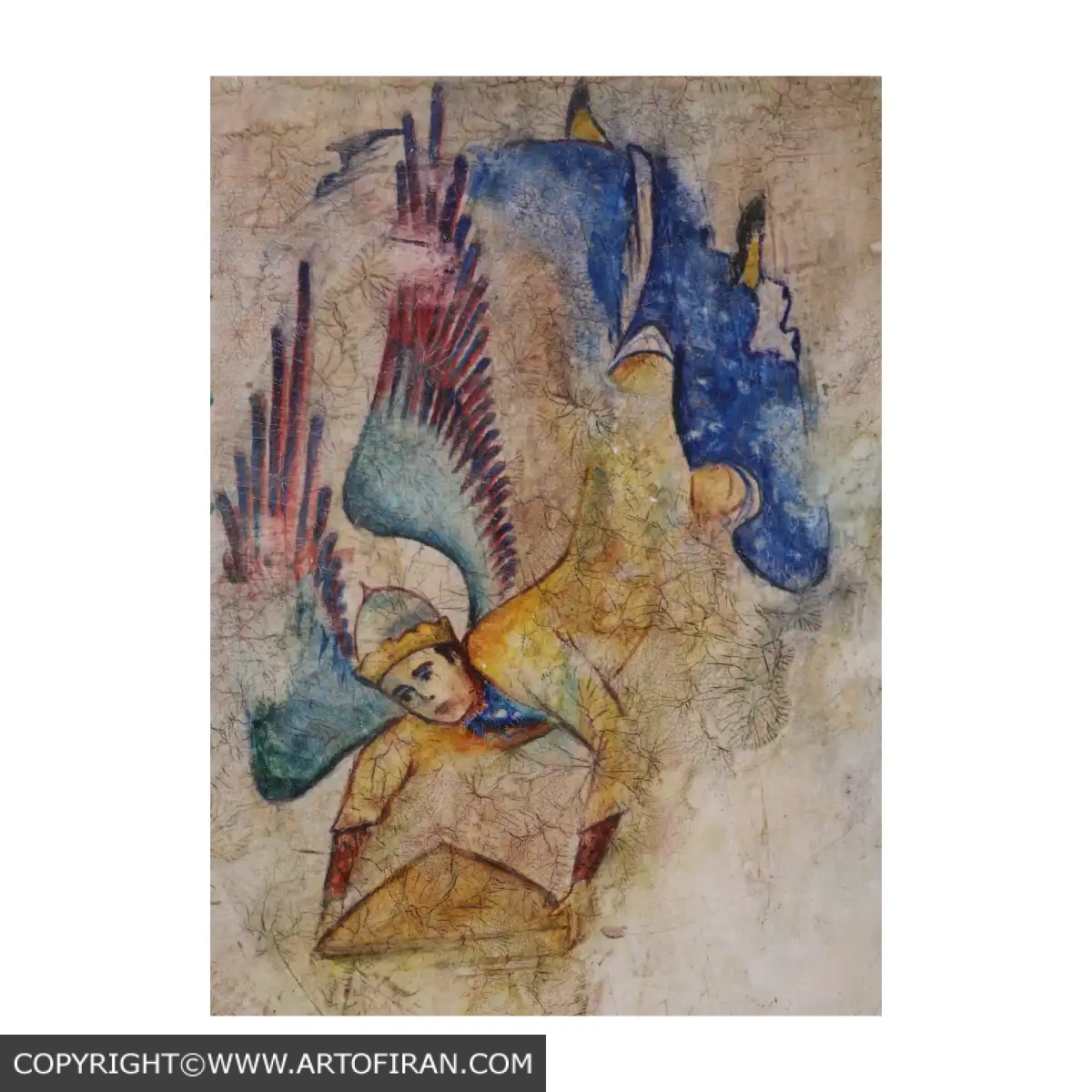 من ملک بودم و فردوس برین جایم بود — نمای نزدیک پیکره فرشته بالدار، سبک نگارگری ایرانی-اسلامی، آرش نیکنژاد