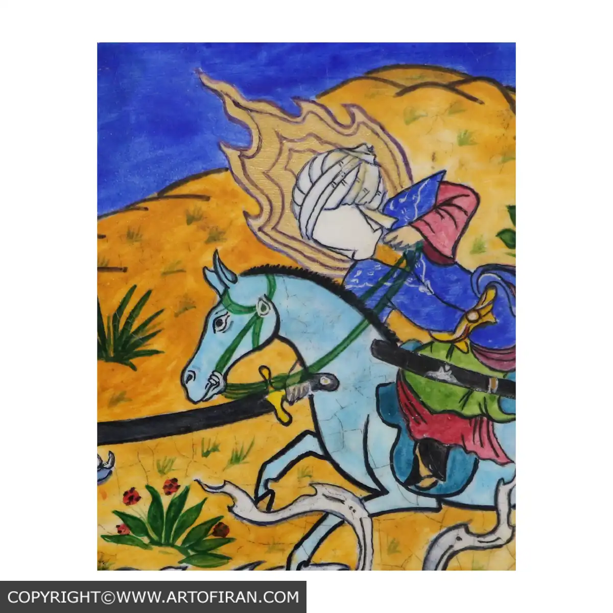 تابلو ترکیبی نبرد حیدر کرار، نمای نزدیک سوار بر اسب آبی، اثر آرش نیکنژاد