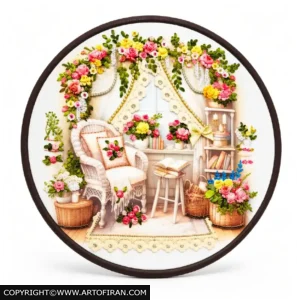 تابلو گرد روبان دوزی طرح کتابخانه روی پایه چوبی در کنار دسته گل سرخ، اثر روباندوزی لنا