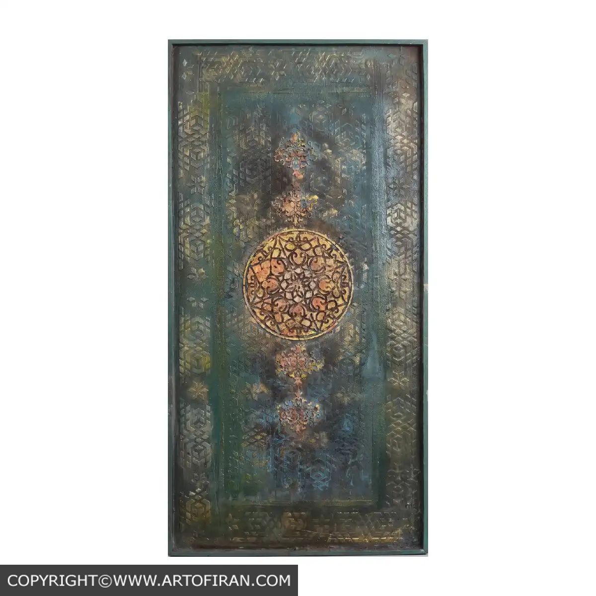 تابلو ترکیبی قاب و قدح با نقوش شمسه طلایی و پتینه سبزآبی، اثر نیلوفر بهرامی
