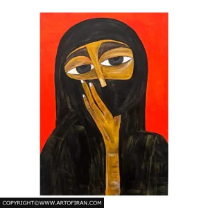 تابلو نقاشی اکریلیک او به خاطر می‌آورد با پس‌زمینه قرمز و پرتره زن سبک اکسپرسیونیسم، اثر مطهره رمضانی