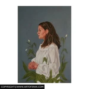 تابلو نقاشی رنگ روغن در میان سکوت با پرتره نیم رخ زن و برگ های سبز روی بوم، اثر آرتمیس لهسایی