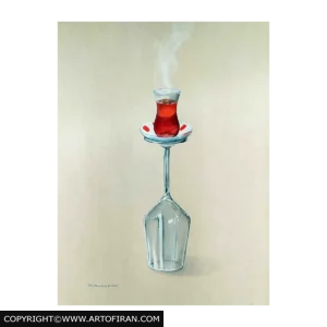 تابلو نقاشی مداد رنگی و پاستل طعم فرهنگ با طرح استکان چای بر جام شیشهای واژگون، اثر محبوبه پاکدل آرت