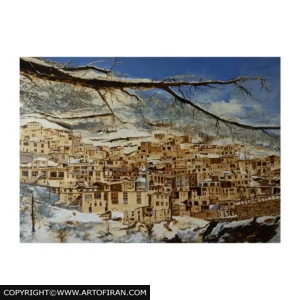 تابلو نقاشی زمستانی معماری روستای ماسوله با تکنیک قیر و رنگ روغن، اثر محمدعلی روح‌اللهی