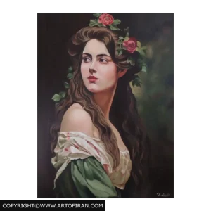 تابلو نقاشی رنگ روغن پرتره زن با گل سرخ در سبک کلاسیک به نام نگاه آخر، اثر زهرا اسدزاده