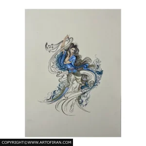 تابلو نگارگری و تذهیب پندار نیک با فیگور رقصان، گواش و آبرنگ روی مقوای کرم، اثر مهرنگار