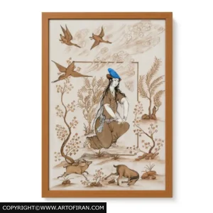 تابلو نگارگری کلاه آبی در سبک رضا عباسی با آبرنگ و قاب چوبی، اثر آرتمیس لهسایی