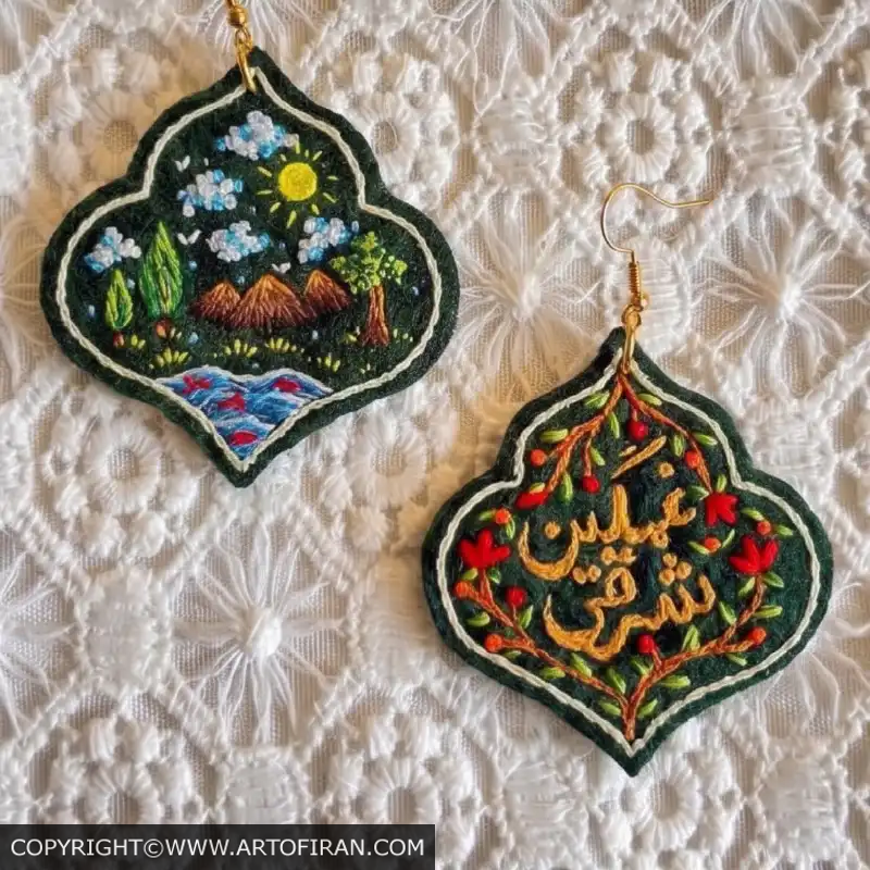 جفت گوشواره دستدوز شرقی غمگین با گلدوزی نخ دمسه و زمینه نمد، اثر آذر گالری نمای روی تور