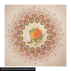 تابلو نگارگری شمسه شیخ لطفالله، گل نارنجی و پرنده در مرکز شمسه، اثر سید حجت موسوی