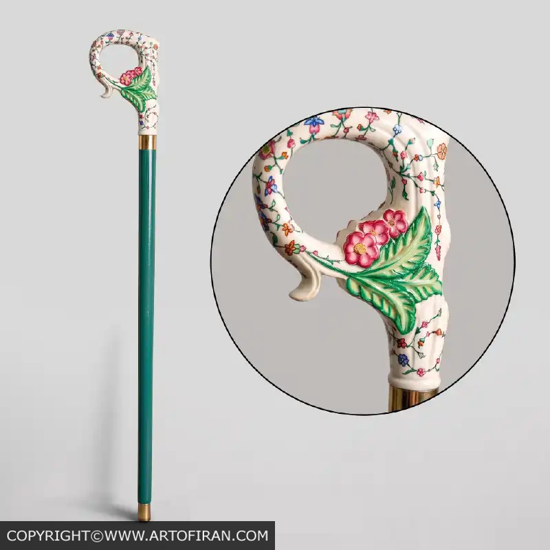 عصای چوبی دست ساز مدل گلستان با بدنه سبز براق و دسته تذهیب سفید، اثر گالری هنری عصاخان